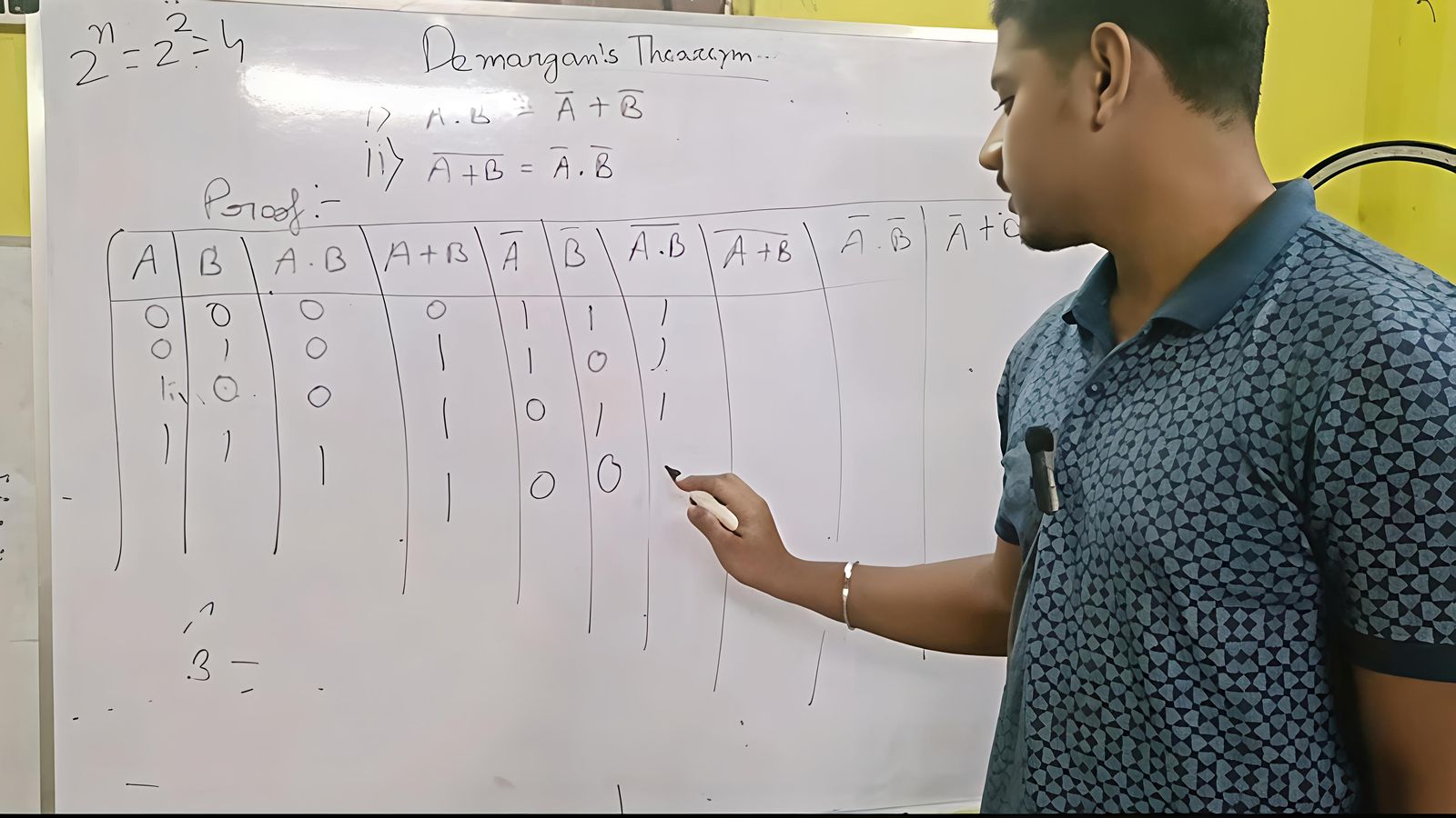 Rhythm Kundu explaining De Morgan's Theorem with a truth table