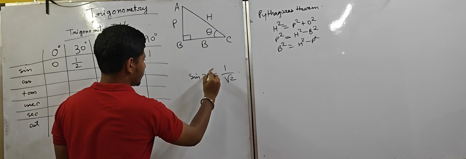 Rhythm Kundu teaching Trigonometry — ratios and Pythagoras theorem on the whiteboard
